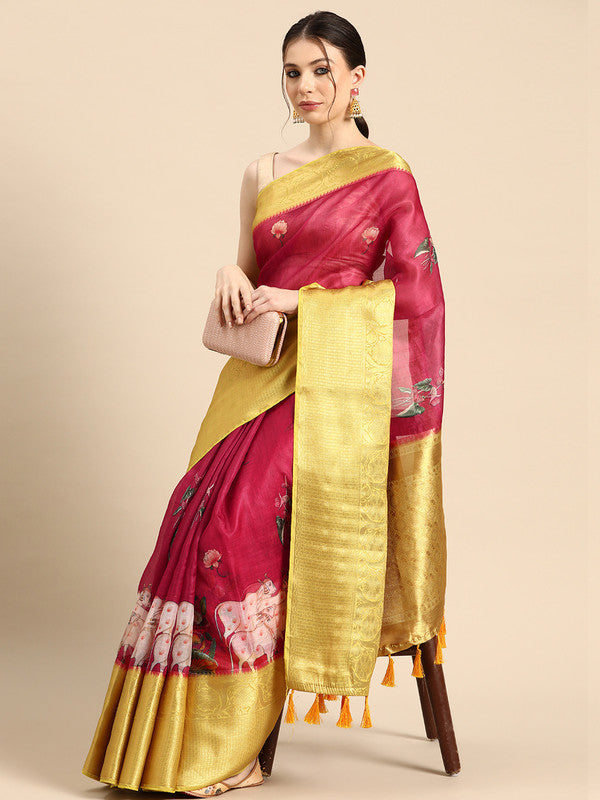 Red Munga Silk Digital Print Animal Print Saree with Unstitched Blouse - Hiral Fashion | Swadesiicart