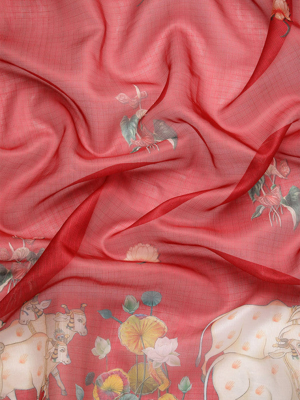 Red Munga Silk Digital Print Animal Print Saree with Unstitched Blouse - Hiral Fashion | Swadesiicart