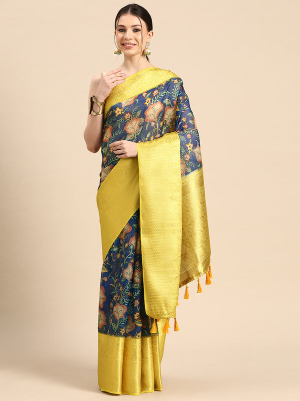 Dark Blue Munga Silk Digital Print Floral Saree with Unstitched Blouse - Hiral Fashion | Swadesiicart