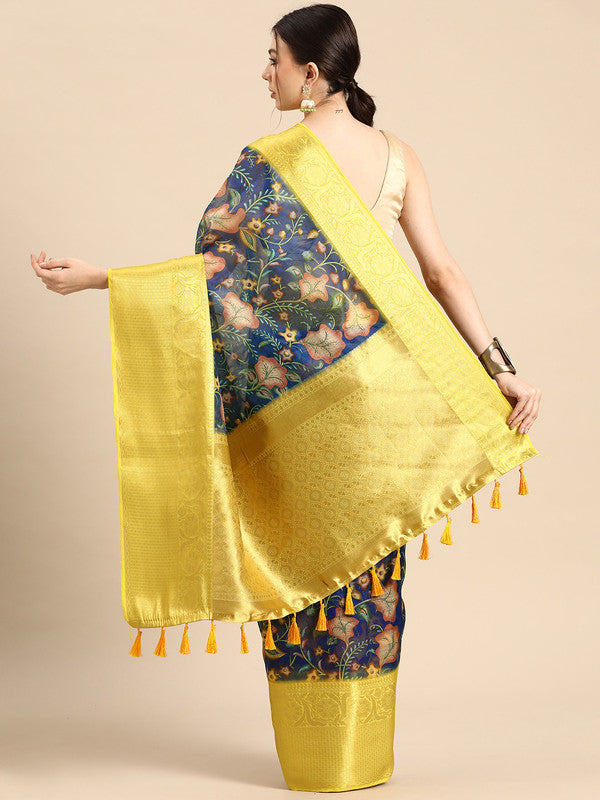 Dark Blue Munga Silk Digital Print Floral Saree with Unstitched Blouse - Hiral Fashion | Swadesiicart