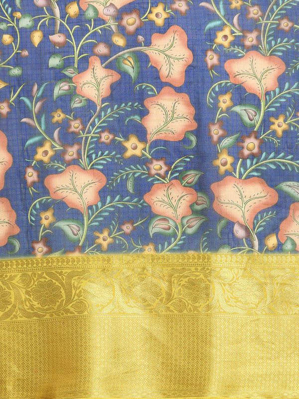 Dark Blue Munga Silk Digital Print Floral Saree with Unstitched Blouse - Hiral Fashion | Swadesiicart