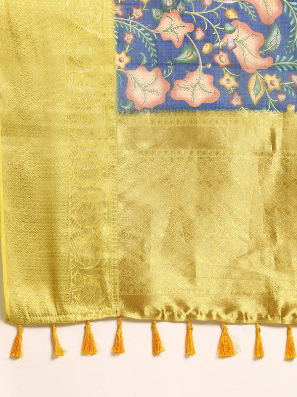 Dark Blue Munga Silk Digital Print Floral Saree with Unstitched Blouse - Hiral Fashion | Swadesiicart
