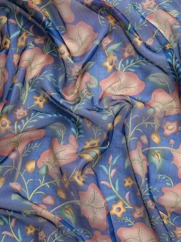 Dark Blue Munga Silk Digital Print Floral Saree with Unstitched Blouse - Hiral Fashion | Swadesiicart