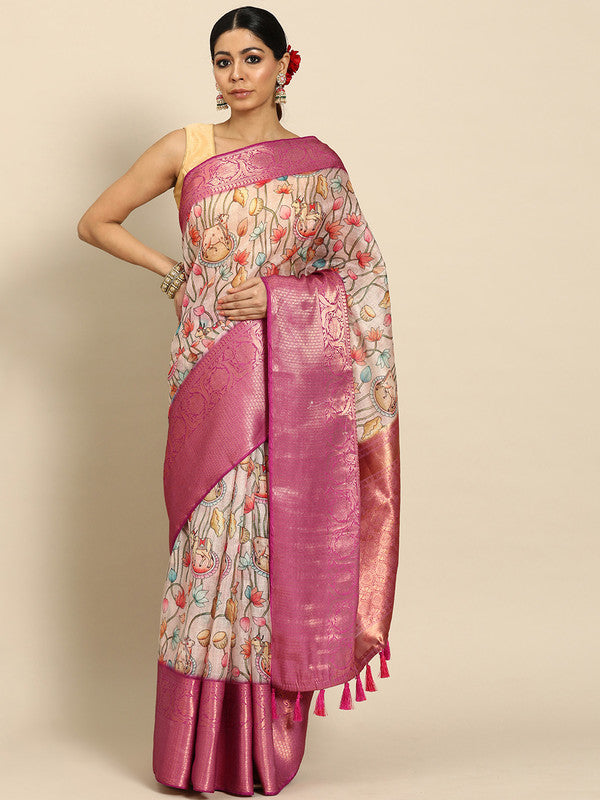 Beige Munga Silk Digital Print Animal Print Saree with Unstitched Blouse - Hiral Fashion | Swadesiicart