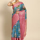 Turquoise Munga Silk Digital Print Floral Saree with Unstitched Blouse - Hiral Fashion | Swadesiicart