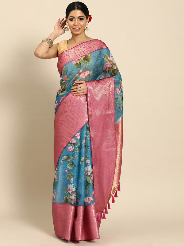 Turquoise Munga Silk Digital Print Floral Saree with Unstitched Blouse - Hiral Fashion | Swadesiicart
