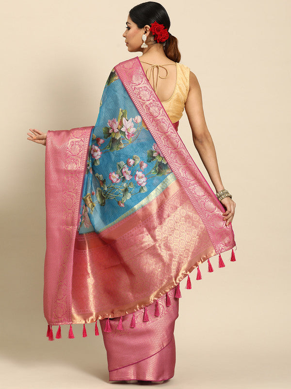 Turquoise Munga Silk Digital Print Floral Saree with Unstitched Blouse - Hiral Fashion | Swadesiicart