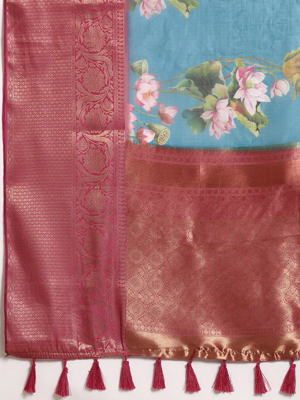 Turquoise Munga Silk Digital Print Floral Saree with Unstitched Blouse - Hiral Fashion | Swadesiicart