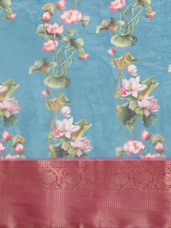 Turquoise Munga Silk Digital Print Floral Saree with Unstitched Blouse - Hiral Fashion | Swadesiicart