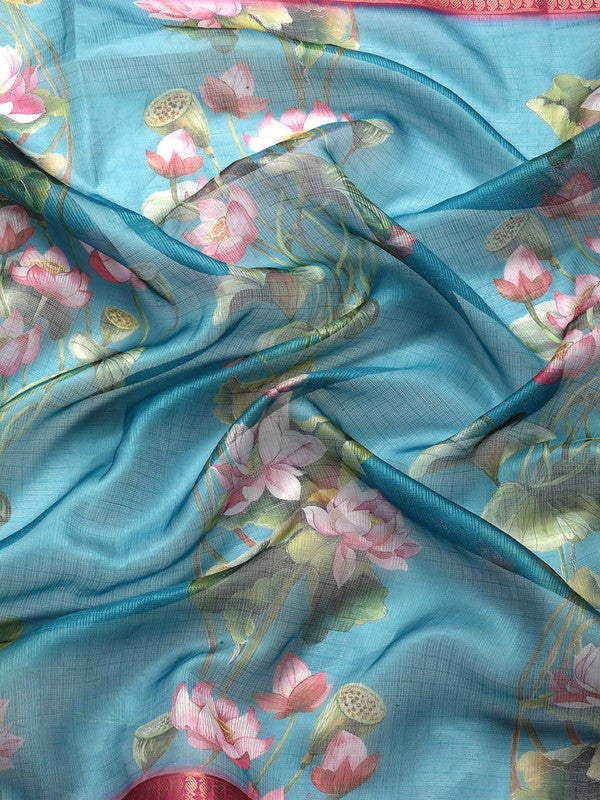 Turquoise Munga Silk Digital Print Floral Saree with Unstitched Blouse - Hiral Fashion | Swadesiicart