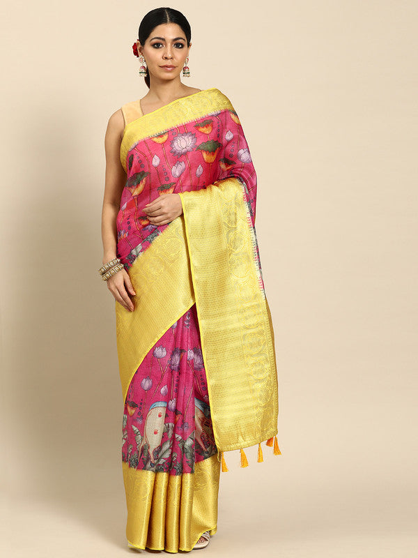 Pink Munga Silk Digital Print Animal Print Saree with Unstitched Blouse - Hiral Fashion | Swadesiicart