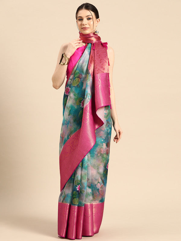 Multicolor Munga Silk Digital Print Floral Saree with Unstitched Blouse - Hiral Fashion | Swadesiicart