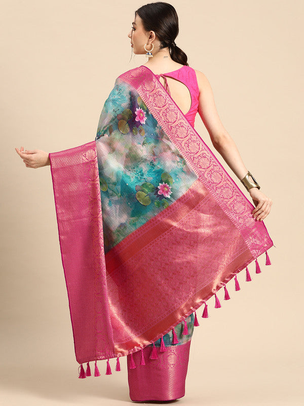 Multicolor Munga Silk Digital Print Floral Saree with Unstitched Blouse - Hiral Fashion | Swadesiicart