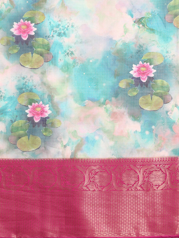 Multicolor Munga Silk Digital Print Floral Saree with Unstitched Blouse - Hiral Fashion | Swadesiicart
