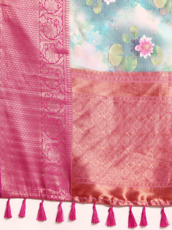 Multicolor Munga Silk Digital Print Floral Saree with Unstitched Blouse - Hiral Fashion | Swadesiicart