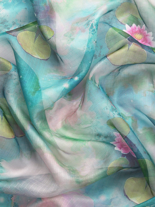 Multicolor Munga Silk Digital Print Floral Saree with Unstitched Blouse - Hiral Fashion | Swadesiicart