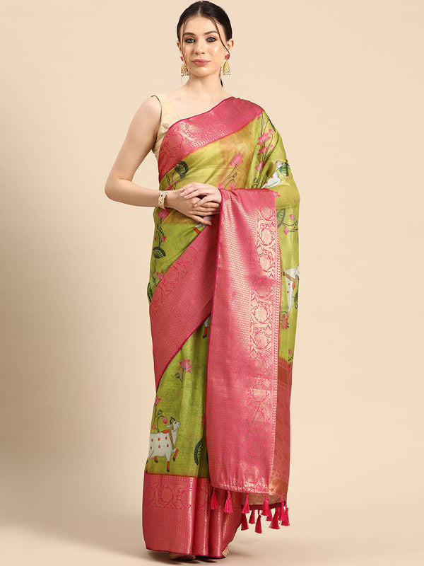 Olive Munga Silk Digital Print Animal Print Saree with Unstitched Blouse - Hiral Fashion | Swadesiicart
