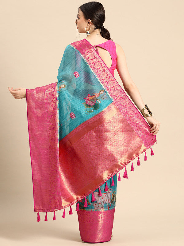 Turquoise Munga Silk Digital Print Animal Print Saree with Unstitched Blouse - Hiral Fashion | Swadesiicart