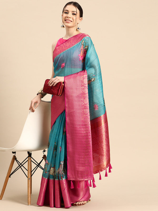 Turquoise Munga Silk Digital Print Animal Print Saree with Unstitched Blouse - Hiral Fashion | Swadesiicart