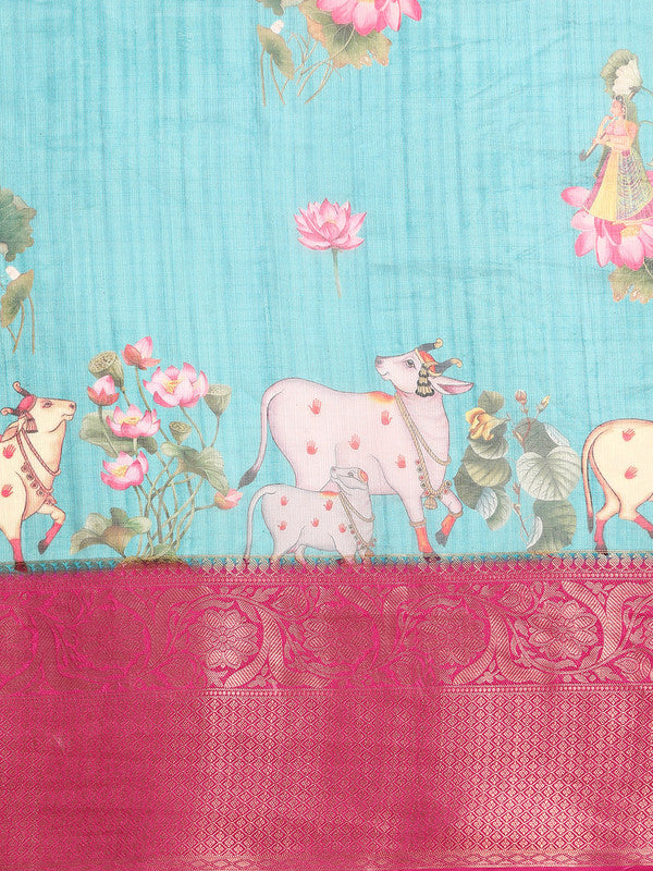 Turquoise Munga Silk Digital Print Animal Print Saree with Unstitched Blouse - Hiral Fashion | Swadesiicart