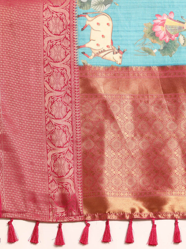 Turquoise Munga Silk Digital Print Animal Print Saree with Unstitched Blouse - Hiral Fashion | Swadesiicart