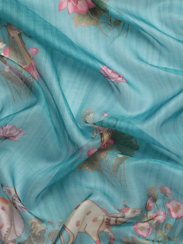 Turquoise Munga Silk Digital Print Animal Print Saree with Unstitched Blouse - Hiral Fashion | Swadesiicart