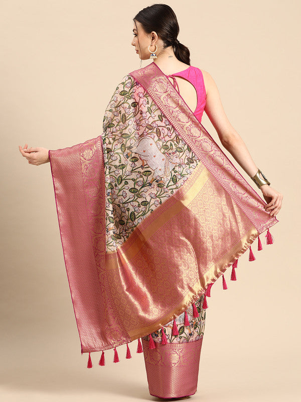 Beige Munga Silk Digital Print Animal Print Saree with Unstitched Blouse - Hiral Fashion | Swadesiicart