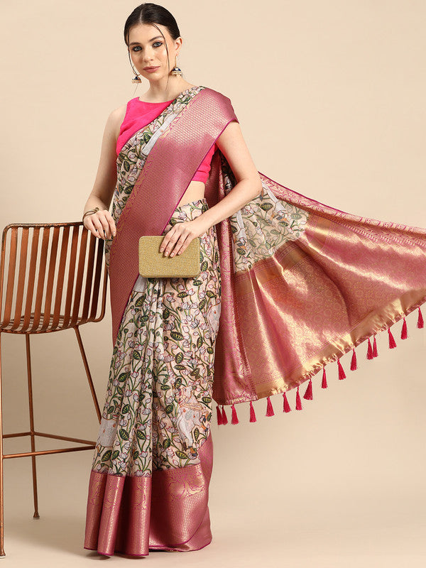 Beige Munga Silk Digital Print Animal Print Saree with Unstitched Blouse - Hiral Fashion | Swadesiicart