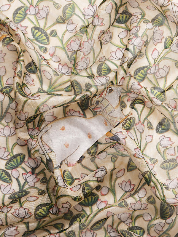 Beige Munga Silk Digital Print Animal Print Saree with Unstitched Blouse - Hiral Fashion | Swadesiicart