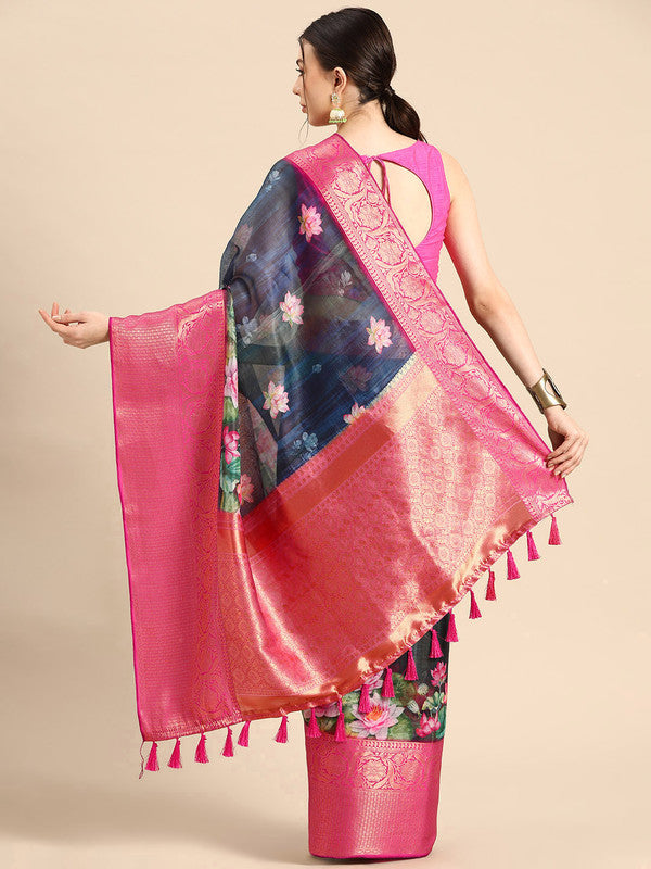 Navy Blue Munga Silk Digital Print Floral Saree with Unstitched Blouse - Hiral Fashion | Swadesiicart