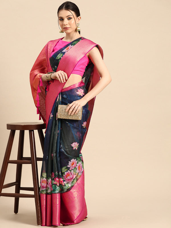 Navy Blue Munga Silk Digital Print Floral Saree with Unstitched Blouse - Hiral Fashion | Swadesiicart