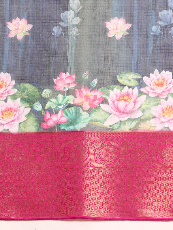 Navy Blue Munga Silk Digital Print Floral Saree with Unstitched Blouse - Hiral Fashion | Swadesiicart