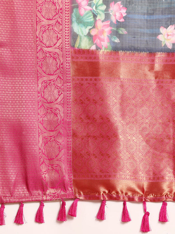Navy Blue Munga Silk Digital Print Floral Saree with Unstitched Blouse - Hiral Fashion | Swadesiicart