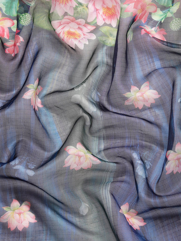 Navy Blue Munga Silk Digital Print Floral Saree with Unstitched Blouse - Hiral Fashion | Swadesiicart
