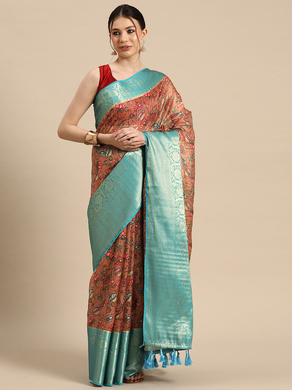 Peach Munga Silk Digital Print Floral Saree with Unstitched Blouse - Hiral Fashion | Swadesiicart