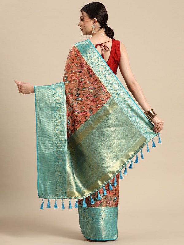 Peach Munga Silk Digital Print Floral Saree with Unstitched Blouse - Hiral Fashion | Swadesiicart