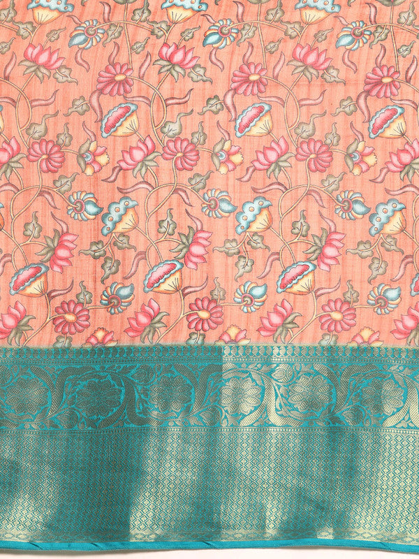 Peach Munga Silk Digital Print Floral Saree with Unstitched Blouse - Hiral Fashion | Swadesiicart