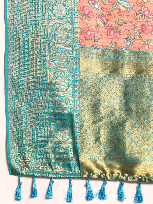 Peach Munga Silk Digital Print Floral Saree with Unstitched Blouse - Hiral Fashion | Swadesiicart