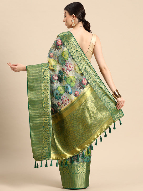 Multicolor Munga Silk Digital Print Floral Saree with Unstitched Blouse - Hiral Fashion | Swadesiicart