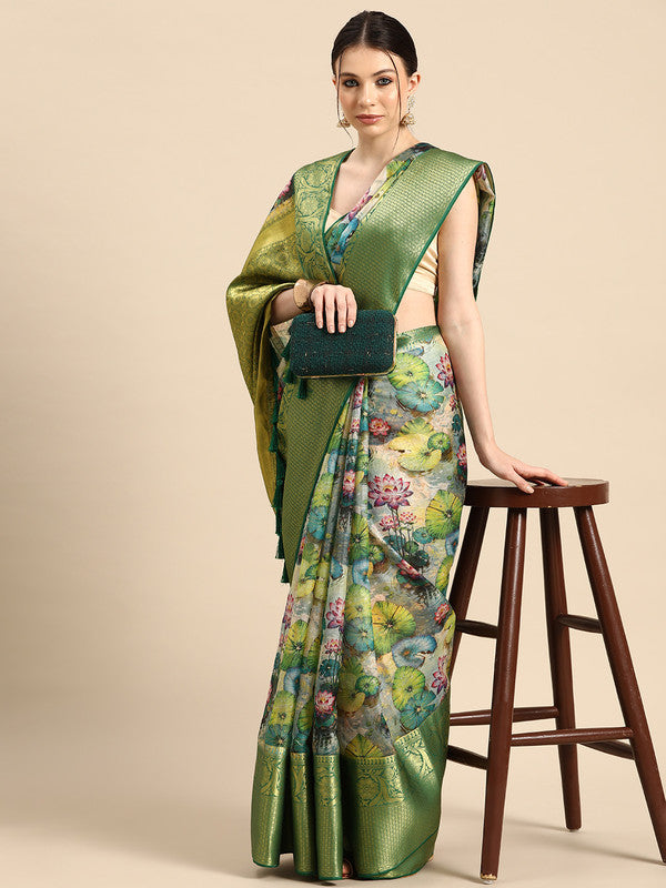 Multicolor Munga Silk Digital Print Floral Saree with Unstitched Blouse - Hiral Fashion | Swadesiicart