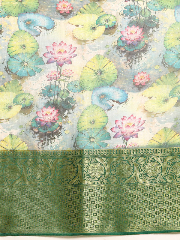 Multicolor Munga Silk Digital Print Floral Saree with Unstitched Blouse - Hiral Fashion | Swadesiicart