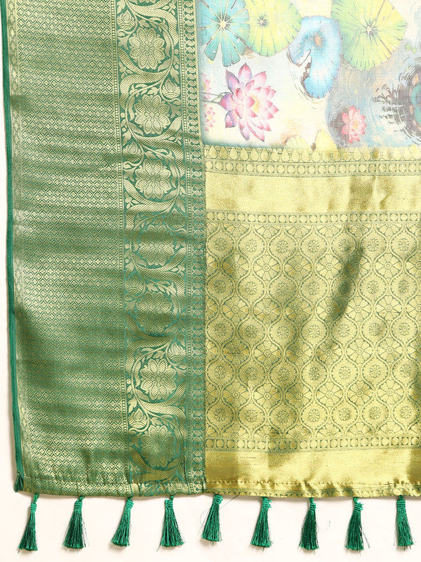 Multicolor Munga Silk Digital Print Floral Saree with Unstitched Blouse - Hiral Fashion | Swadesiicart