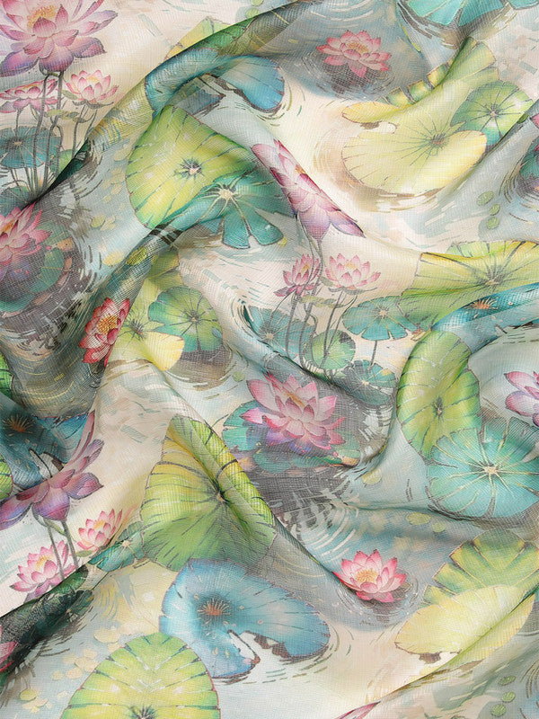 Multicolor Munga Silk Digital Print Floral Saree with Unstitched Blouse - Hiral Fashion | Swadesiicart