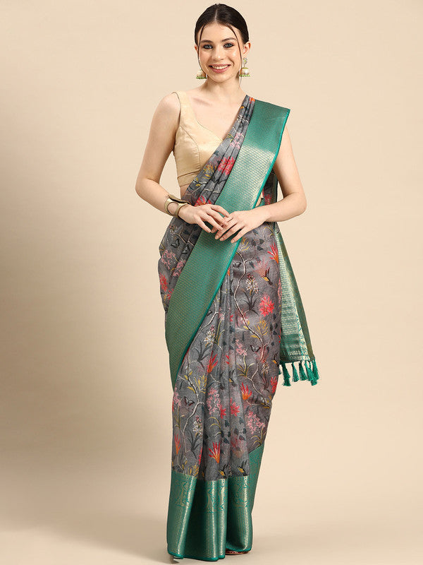 Gray Munga Silk Digital Print Floral Saree with Unstitched Blouse - Hiral Fashion | Swadesiicart