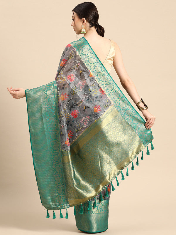 Gray Munga Silk Digital Print Floral Saree with Unstitched Blouse - Hiral Fashion | Swadesiicart