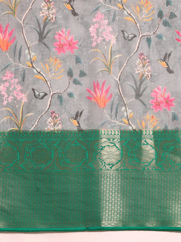 Gray Munga Silk Digital Print Floral Saree with Unstitched Blouse - Hiral Fashion | Swadesiicart