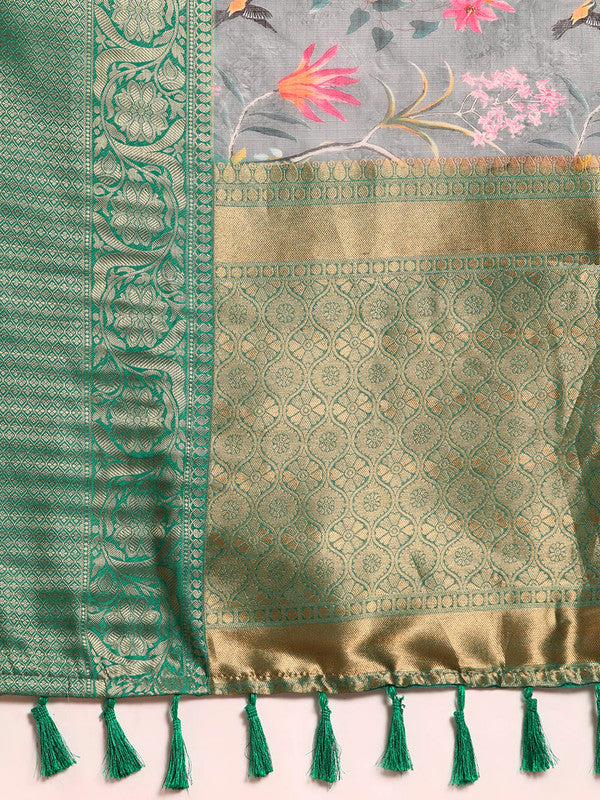 Gray Munga Silk Digital Print Floral Saree with Unstitched Blouse - Hiral Fashion | Swadesiicart