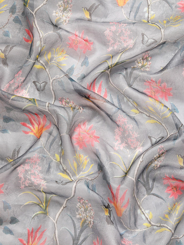 Gray Munga Silk Digital Print Floral Saree with Unstitched Blouse - Hiral Fashion | Swadesiicart