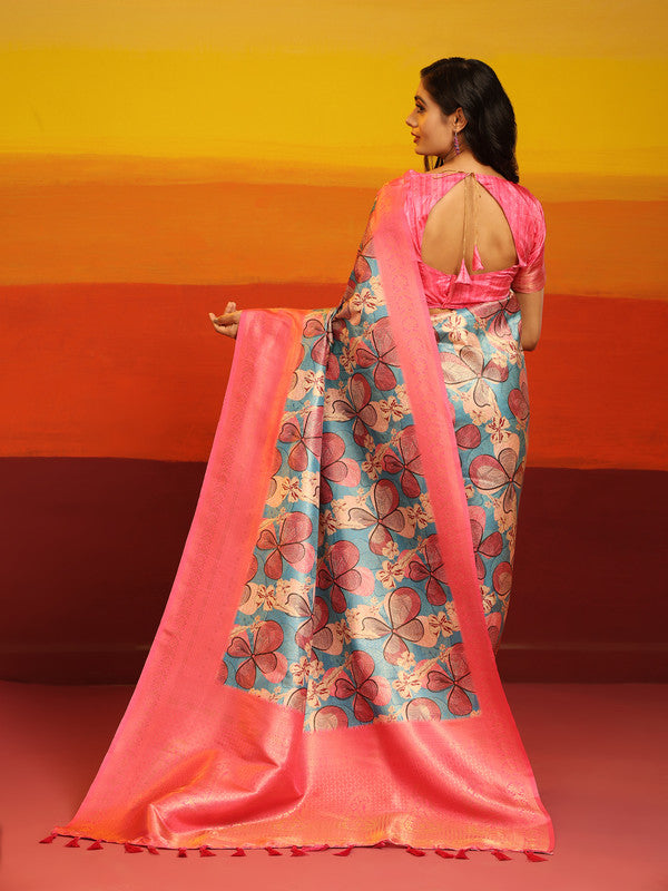 Pink Silk Blend Woven Zari Design Floral Saree with Unstitched Blouse - Hiral Fashion | Swadesiicart