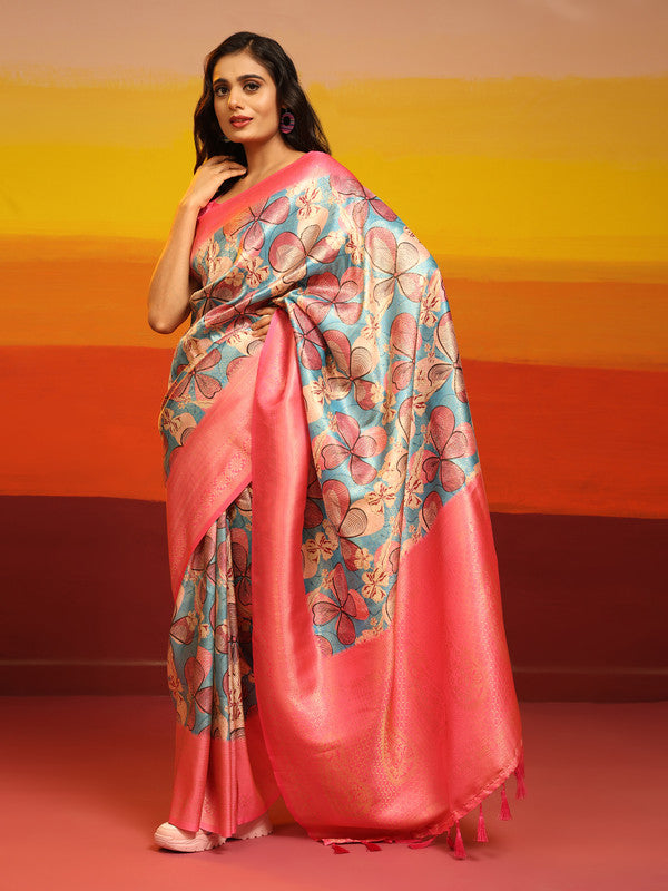 Pink Silk Blend Woven Zari Design Floral Saree with Unstitched Blouse - Hiral Fashion | Swadesiicart